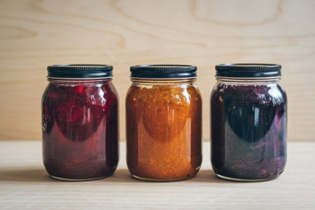 three glass jars filled with jamの写真素材