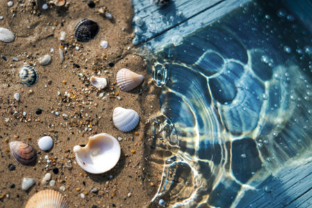abstract macro shots of the sand, seashells, and transparent blue sea water.の写真素材