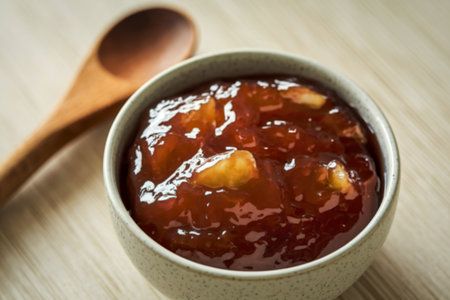 A photograph of a ceramic bowl filled with glistening homemade apple jamの写真素材