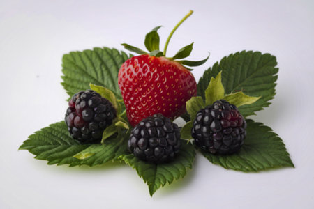 A photo of a vibrant collection of fresh fruits and leaves.