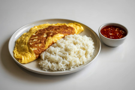A clean photograph of a omelet served alongside a portion of white riceの写真素材