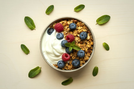 a rustic wooden bowl filled with golden homemade granolaの写真素材
