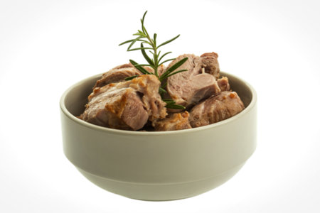 a white bowl filled with tender, cooked meat piecesの写真素材