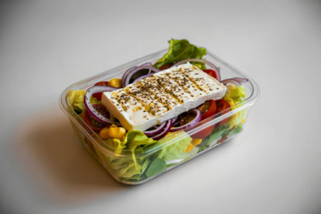 A photograph of a vibrant salad presented in a clear, rectangular plastic containerの写真素材