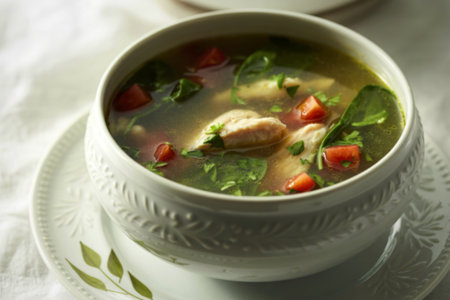 a pristine white bowl brimming with a steaming clear chicken soupの写真素材