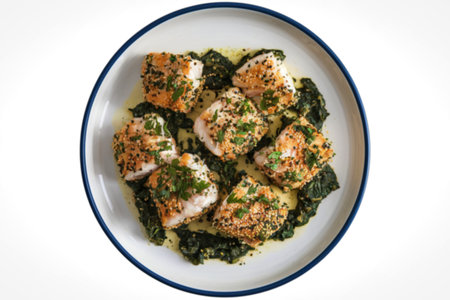 A photo of a plate with chunks of fish with parsley and sesame breaded with a spinach sauce.の写真素材