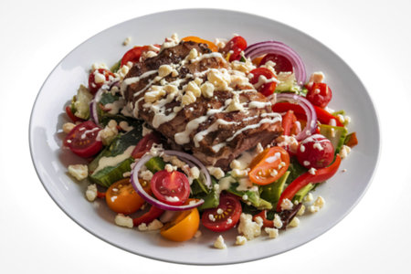 A photo of a warm meat and vegetable salad on a plateの写真素材