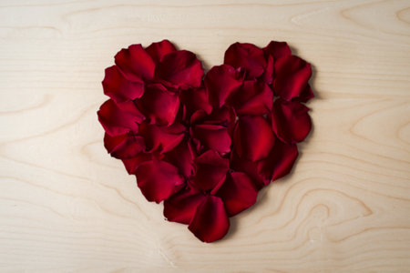 A photo of a heart shape made of red rose petalsの写真素材
