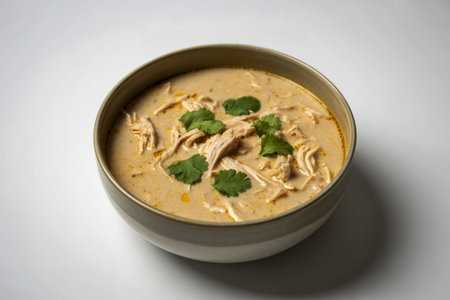 A high-quality product photograph of a ceramic bowl filled with creamy chicken soupの写真素材