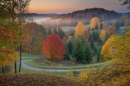a serene autumn landscape with rolling hillsの写真素材