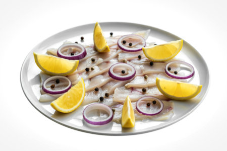 A photo of a plate of fish sliced into thin piecesの写真素材