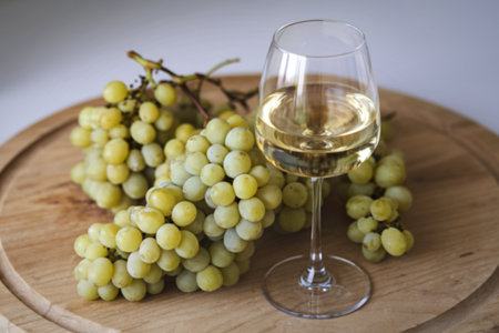 A photo of a white wine glass filled with white wineの写真素材