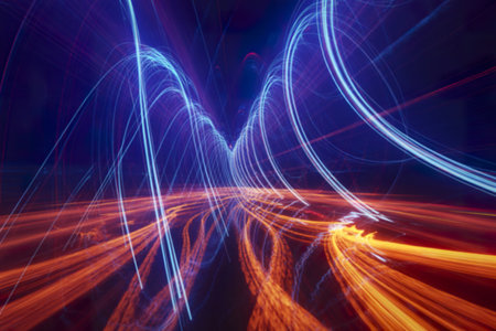 art piece featuring luminous light trails that flow in mesmerizing symmetrical patternsの写真素材