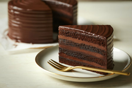 a slice of rich chocolate cake with a glossy chocolate frosting on topの写真素材
