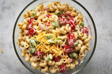 A photo of a bowl of pasta salad on a white backgroundの写真素材