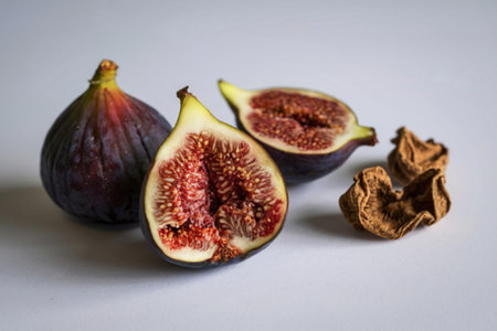 a fresh fig sliced open to reveal its vibrant red and white interior