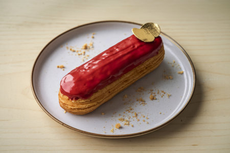 A photo of a light wooden background with an isolated eclair dessert