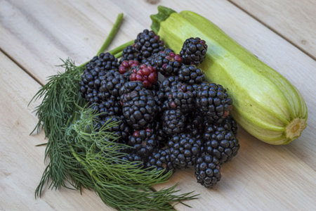 freshly picked blackberries, and a small zucchiniの写真素材