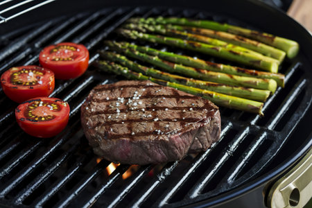 a grilled beef steak, grilled asparagus, and cherry tomatoesの写真素材