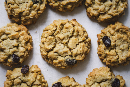 A photo of a few cooked sweet oatmeal cookiesの写真素材