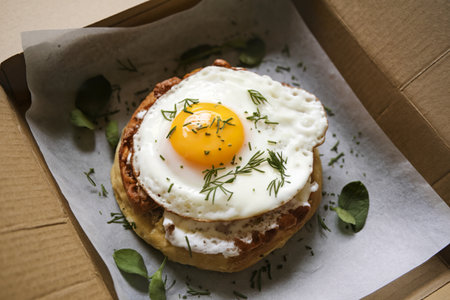 A photo of a baked bread with a white sauce and a sunny-side-up egg