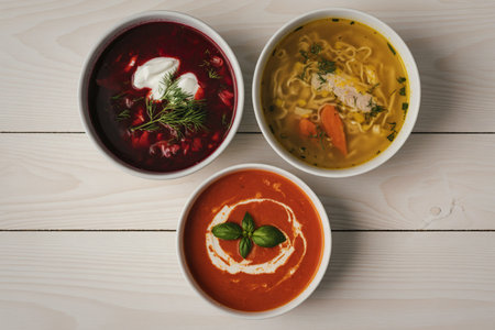 A top-down photograph of three distinct soups