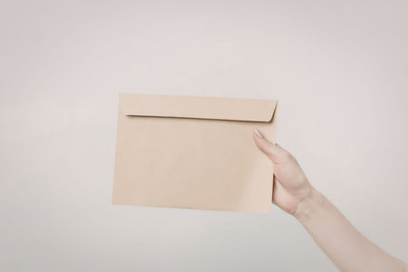 An image of a hand holding an envelope against a white background.の写真素材