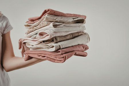 a person holding a stack of folded clothes in various shades of pink and whiteの写真素材