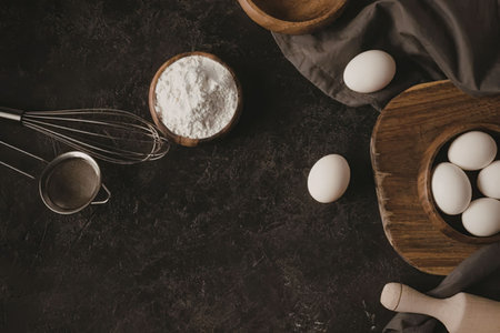 A selection of baking ingredients and tools on a dark surface, including eggs, flour, and a whisk.