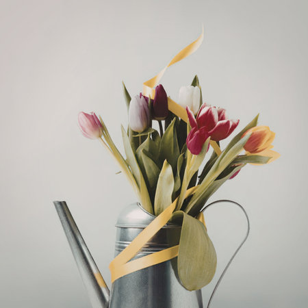 A bouquet of vibrant tulips in shades of red, yellow, and purple, arranged in a metal watering can...