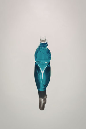 a blue bottle with a white cap on a plain background