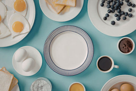 A breakfast spread on a blue table with various food items and dishes