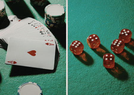 a close-up of a green felt table with playing cards, poker chips, and red dice
