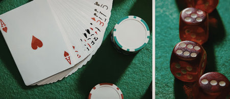 A close-up of playing cards and red dice on a green felt surface, likely a casino table.