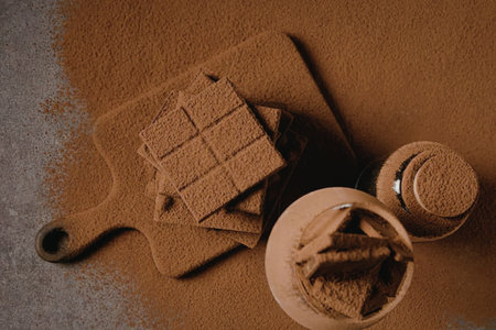 A rich arrangement of chocolate treats on a cutting board with cocoa powder