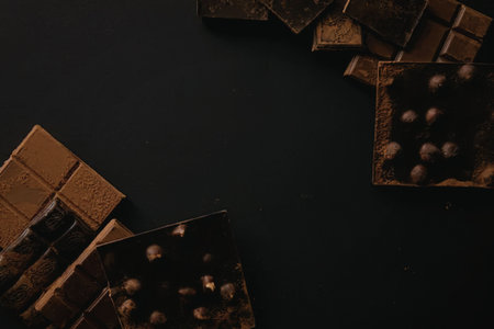 An assortment of chocolate pieces on a dark surface