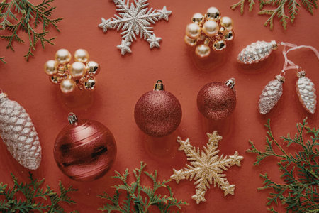 A festive arrangement of Christmas ornaments, pinecones, and snowflakes on a red background, evoking...