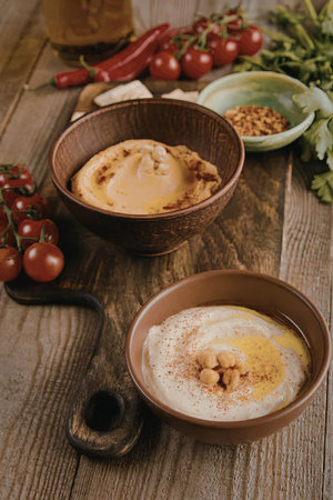 Two bowls of hummus on a wooden table with various spices and vegetables