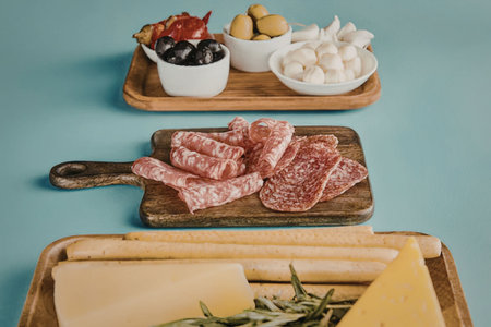 A beautifully arranged selection of Italian food platters featuring cured meats, cheeses, olives, and breadsticks.の写真素材