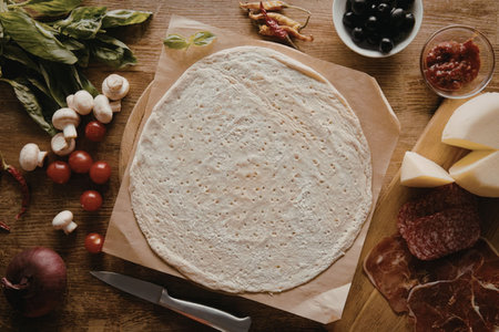 A flatbread surrounded by various ingredients for making a pizza, including vegetables and meats.の写真素材