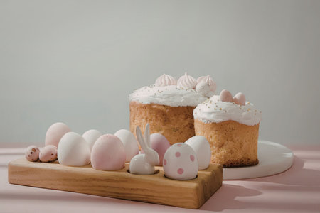 Two frosted cakes and decorated eggs on a wooden board and plate
