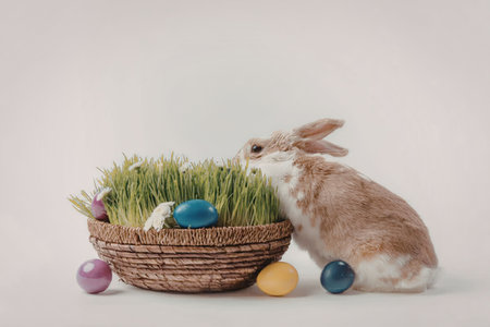 A brown and white Easter bunny sitting next to a basket of grass and colorful eggs.