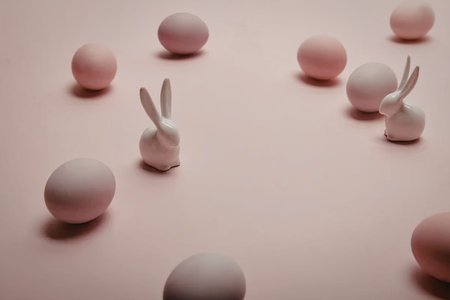 An image of pink and purple Easter eggs with small bunny figurines on a pink background.