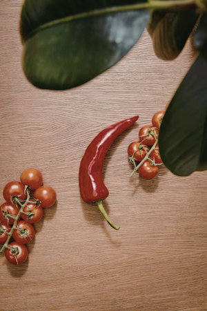 A vibrant red chili pepper and clusters of cherry tomatoes on a wooden surface, surrounded by green leaves.の写真素材