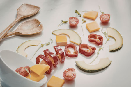 A vibrant arrangement of sliced cheese, cherry tomatoes, and herbs on a white surface with wooden...