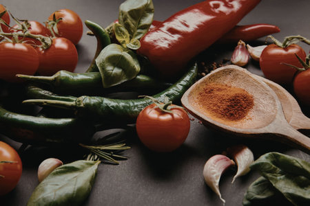 A vibrant arrangement of fresh chili peppers, tomatoes, garlic, and a wooden spoon filled with red...