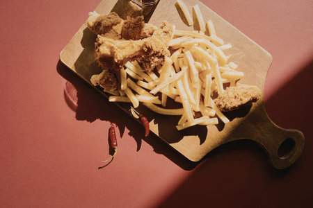 A wooden cutting board with french fries and fried chicken on a red background