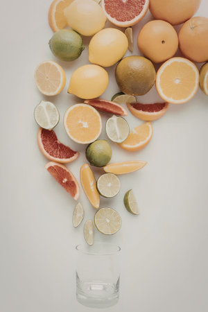 A colorful arrangement of sliced and whole fruits pouring into a clear glassの写真素材
