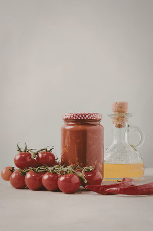 A jar of homemade tomato sauce with fresh tomatoes, chili peppers, and a bottle of oil on a kitchen...