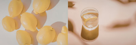 A collage of fresh lemons and a glass of lemon juiceの写真素材